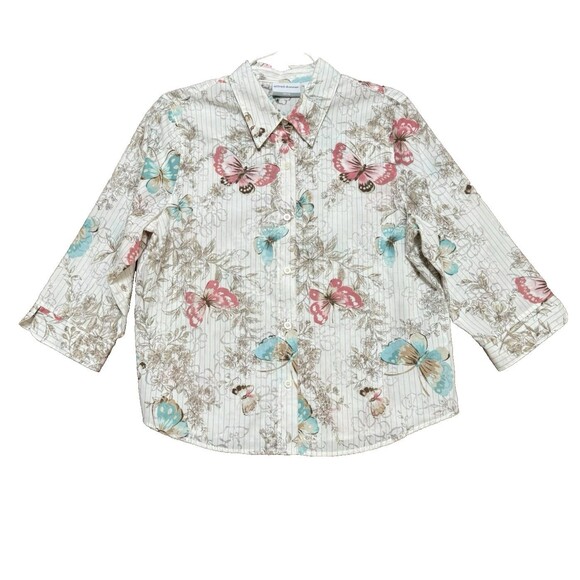Womens PETITE Alfred Dunner Butterfly Blouse Floral Artsy Button Up Shirt Sz 16P - Picture 1 of 7